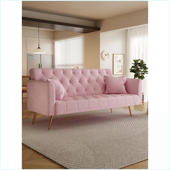 71-Inch American Retro Pink Velvet Convertible Loveseat Sofa Bed for Small Living Room Bedroom Office | Pink | Velvet | Wood