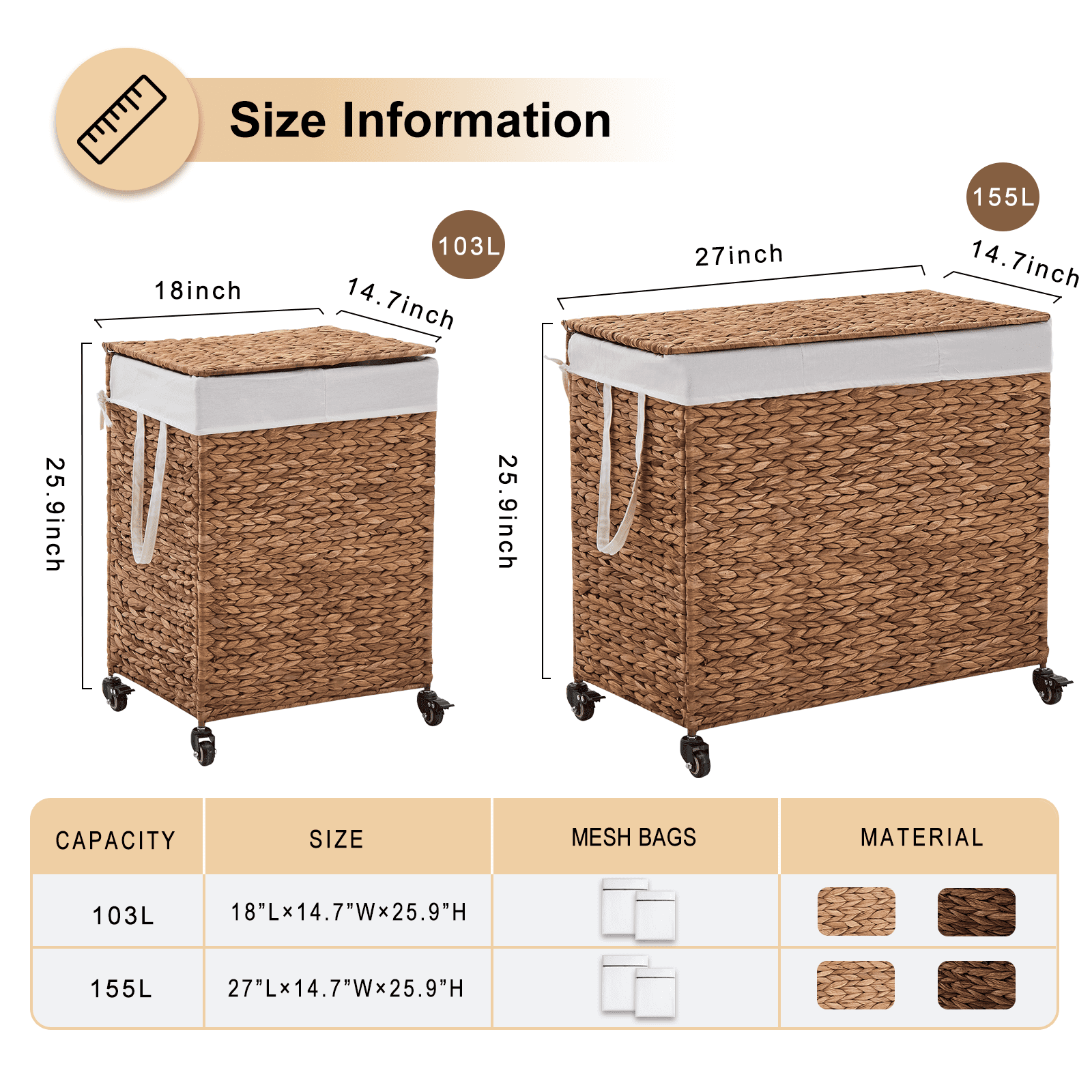 160L 3-Section Laundry Hamper with Lid and Wheels, Woven Natural Water Hyacinth