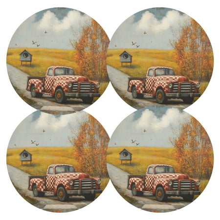 

joogoo Autumn Landscape Truck Round Plate Mats for Dining Table Placemat Set of 4 Holiday Decoration