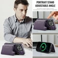thumbnail image 6 of For iPhone 15 Pro PU Leather Wallet Phone Case,Compatible with Mag-Safe,Magnetic Detachable Card Holder,Back Flip Kickstand,2-in-1 Heavy Duty Shockproof RFID Blocking Phone Case,Purple, 6 of 10