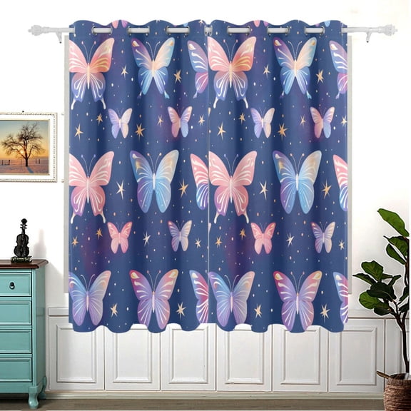 Stars with Butterflies Blackout Curtain Panels 63x55in Drapes Privacy Assured for Living room Bedroom Bathroom 2 panels set