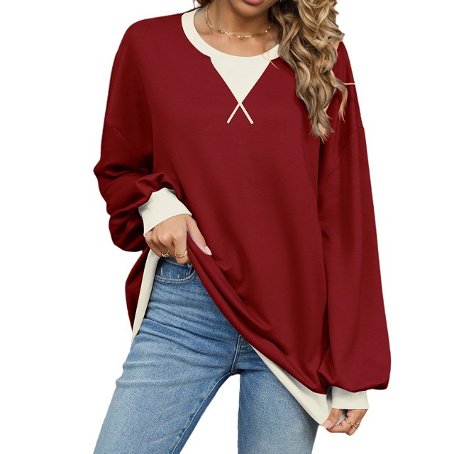 Womens Long Sleeve T Shirts Casual Crew Neck Color Block Tunic Tops Loose Basic Top