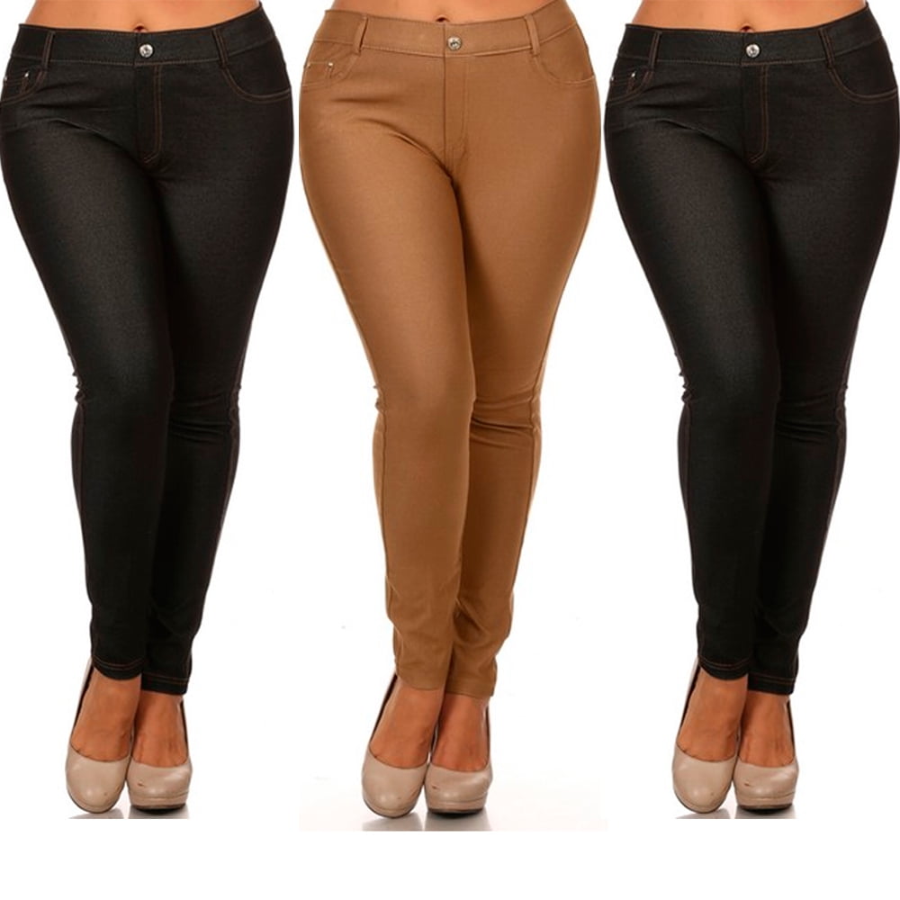 Alltopbargains 3 Pc Lot Womens Jeggings Plus Size Stretch Pants Skinny Jean Look Khaki Black 