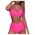 thumbnail image 1 of Women Vintage Swimsuit Two Piece Retro Halter Ruched High Waist Print Bikini Set, 1 of 2