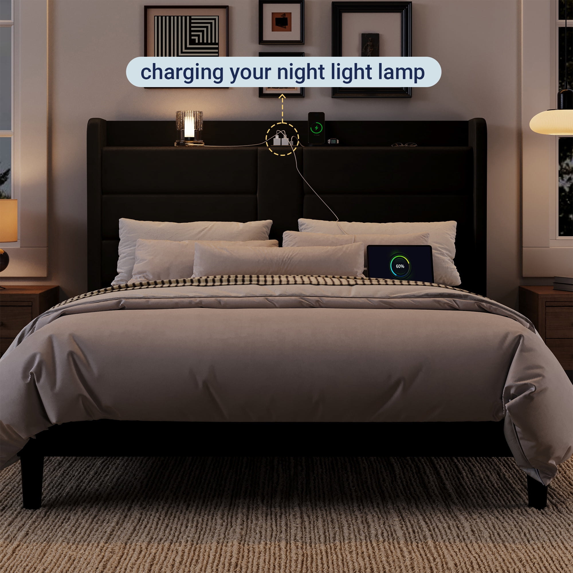 Allewie Full Size Bed Frame with Charging Station, Upholstered Velvet Wingback Design & USB Port, No Box Spring Needed, Black