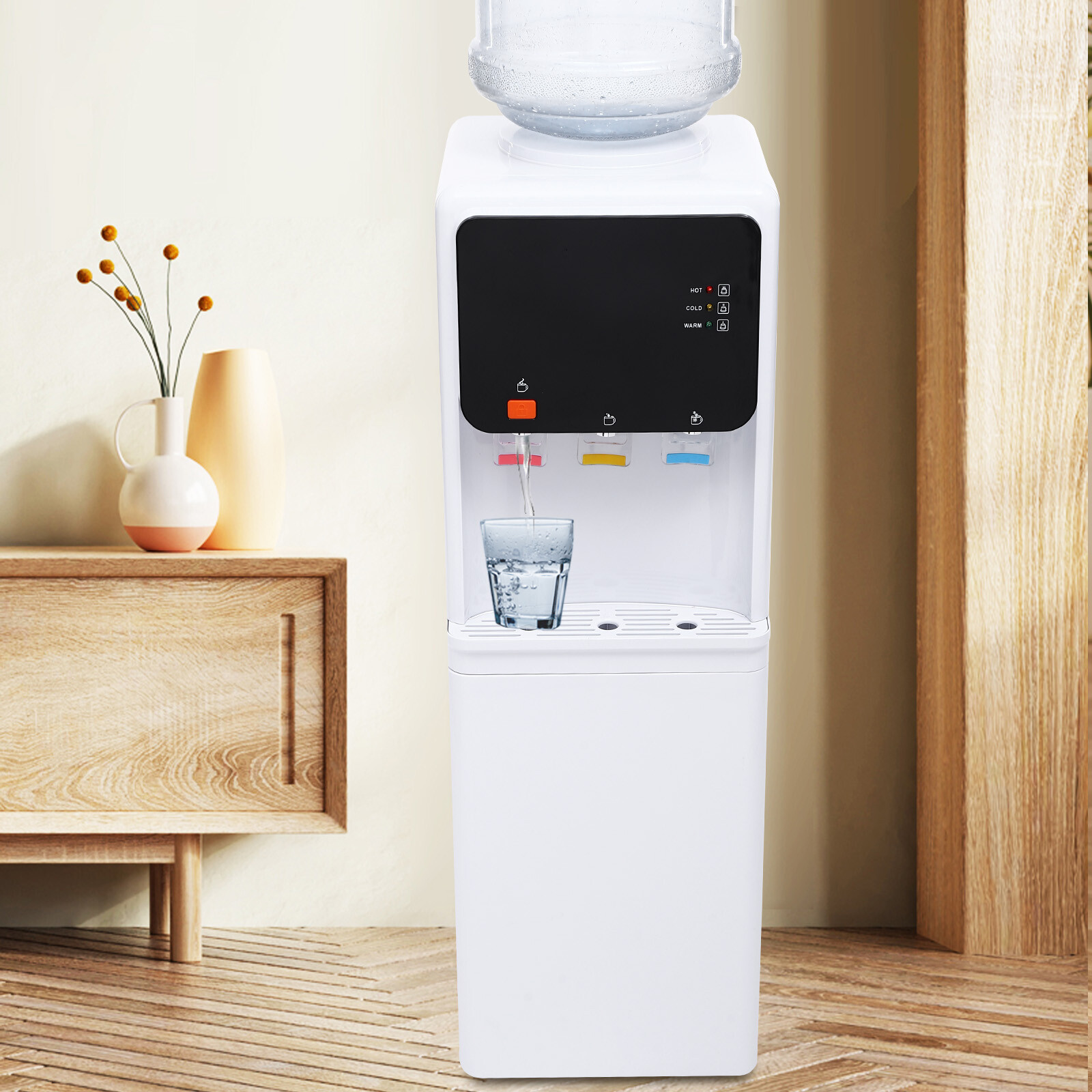 4.16 Gal Hot&Cold Water Cooler Dispenser Freestand Stainless Steel Top Loading w/Storage Cabinet 110V 575W 11.81*12.2*37.4inch Used in Libraries, Offices, Restaurants