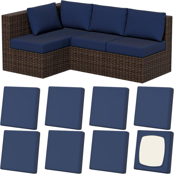 8Pcs Stretch Patio Cushion Covers, Outdoor Couch & Sofa Replacement Slipcovers for Patio Furniture Cushion Covers, Washable Reusable Furniture Protector, Square-Large, Navy-Blue