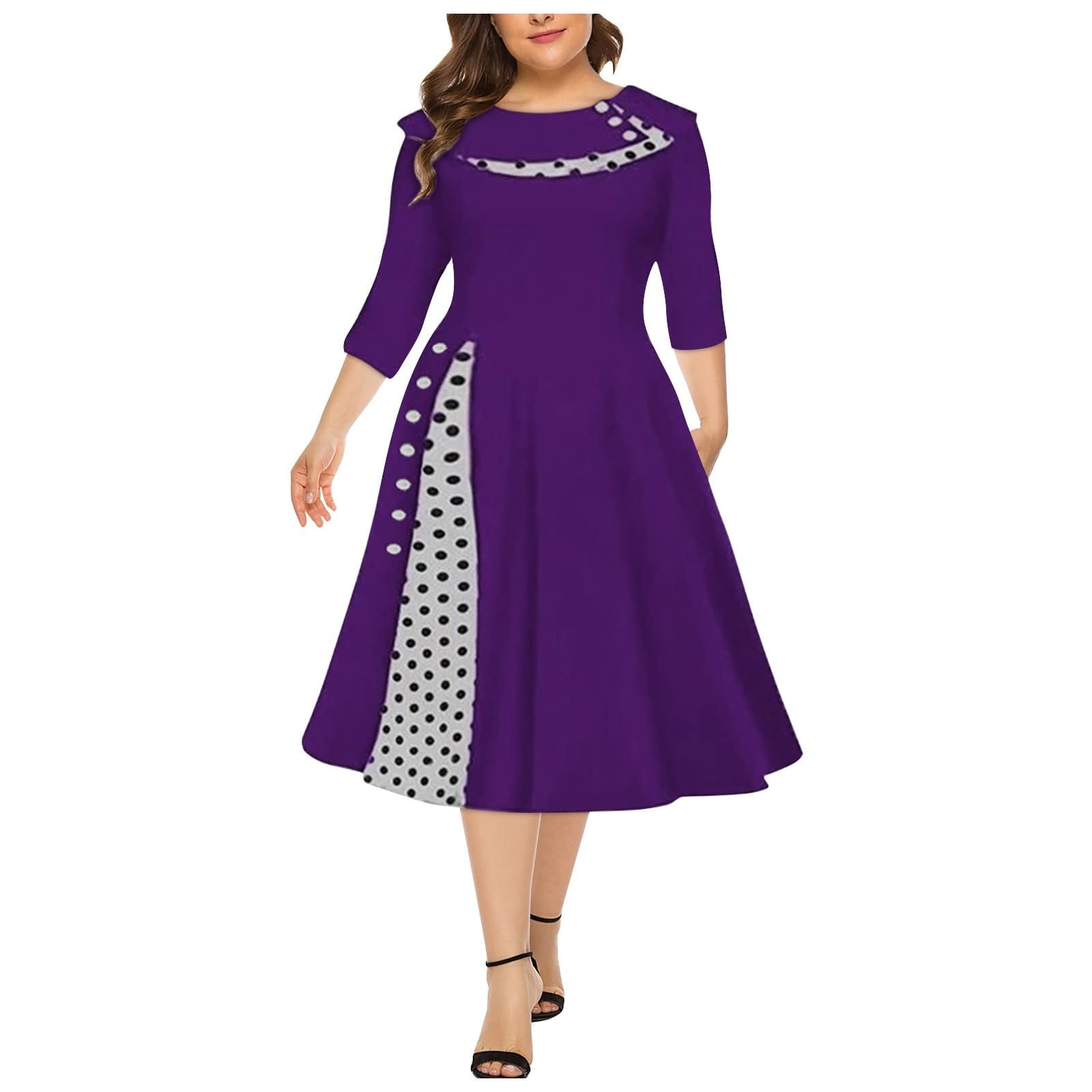 Women's 1950s Vintage Polka Dot Patchwork Swing Tea Dress with Pockets Long Sleeve Retro Party