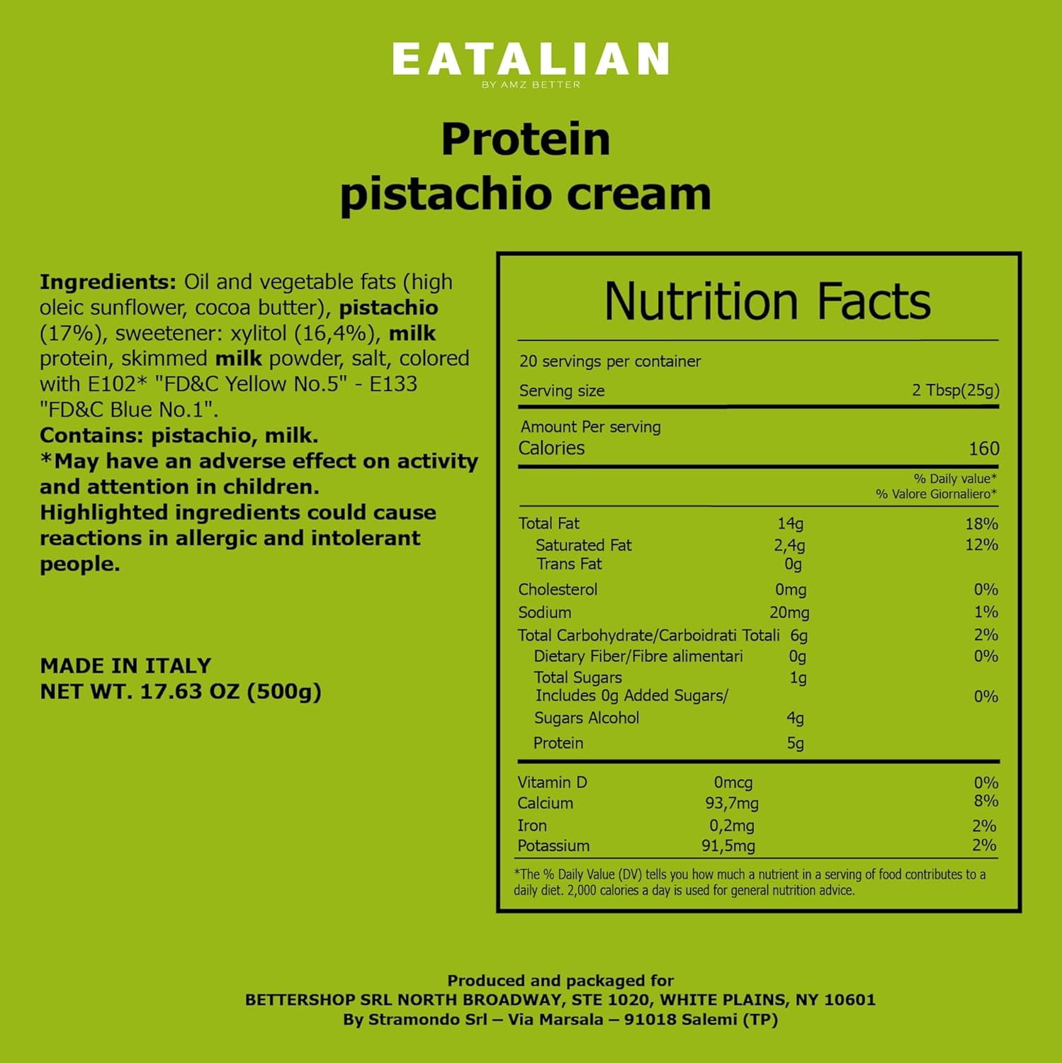 EATALIAN by AMZ BETTER Protein Cream, 17.63 oz/ 500 gr, Pistachio Paste with 94 g of Proteins, Made in Italy, Sweet and Unique, Taste Ideal on Bread and Excellent for Dubai Chocolate