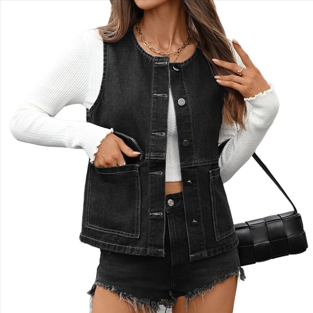Chaleco Vaquero para Mujer, Medio, Sin Mangas, Desgastado Gris Negro S
