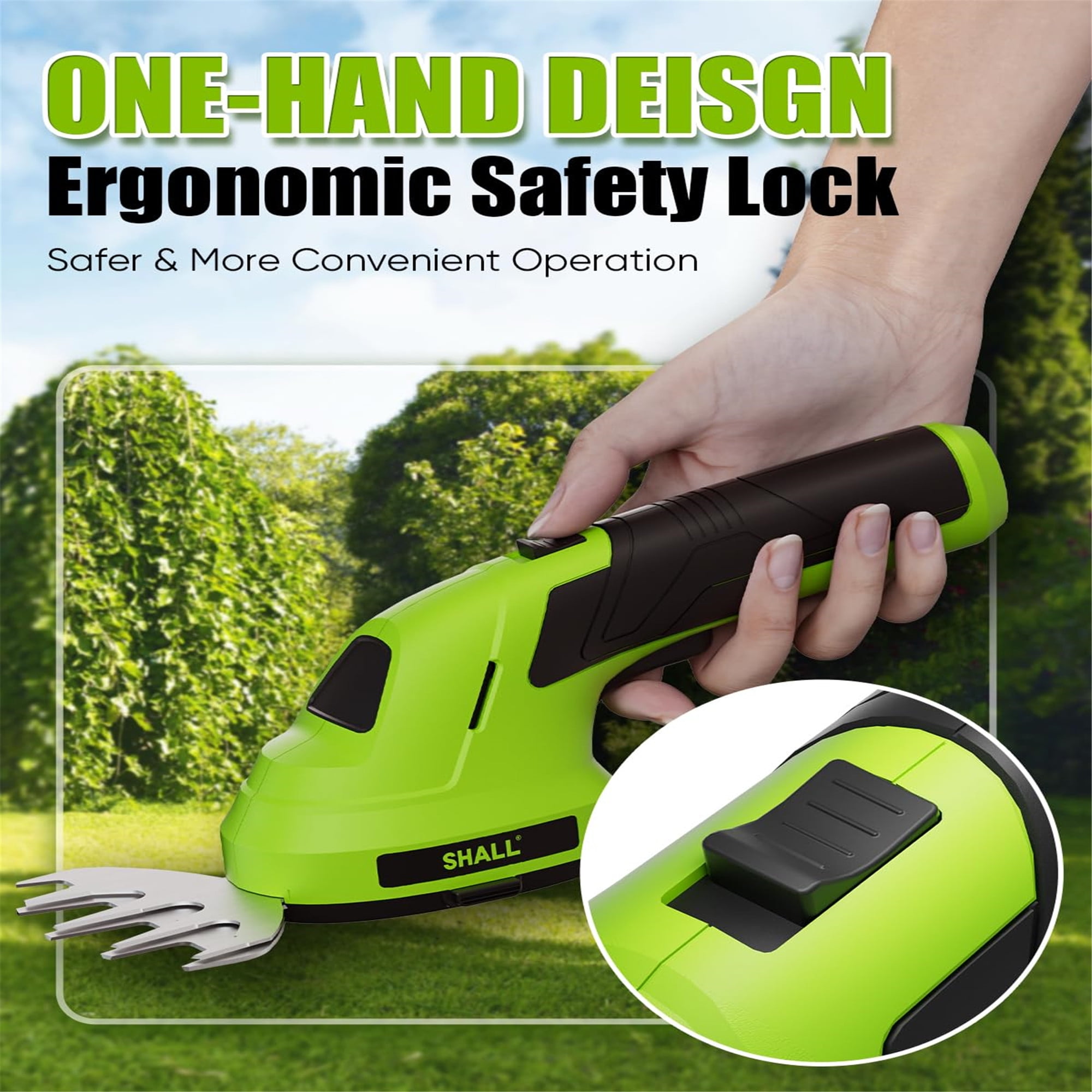 SHALL Hedge Trimmer Cordless & 7.2V Electric Grass Shear, 2 in 1 Handheld Hedge Clippers w/ 2.0Ah Rechargeable Battery & Type-C Fast Charger - Green
