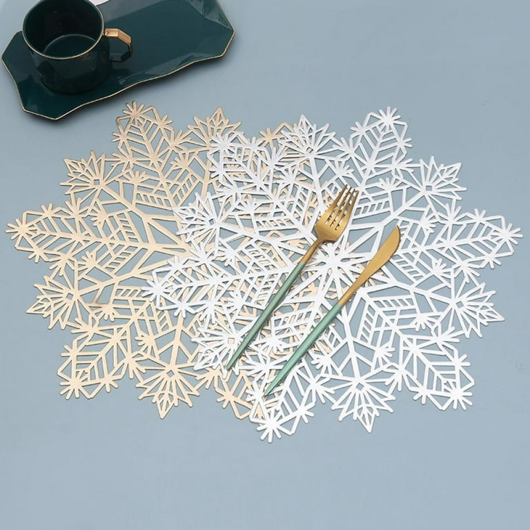Popvcly Christmas Snowflake Placemats and Coaster Set of 4 Metallic Festive Vinyl Table Mat Washable Hollow Out Design Non-Slip for Christmas Wedding