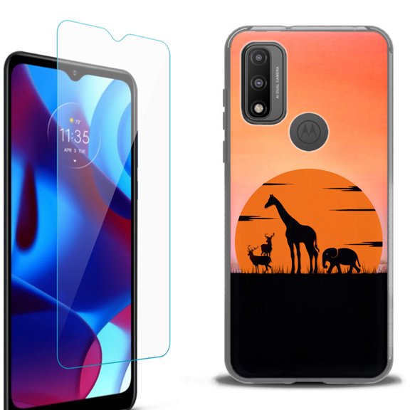Slim-Fit Protective Phone Case (Black) compatible with Motorola Moto G Pure 5G, with Tempered Glass Screen Protector, by OneToughShield ® - Sunset Safari