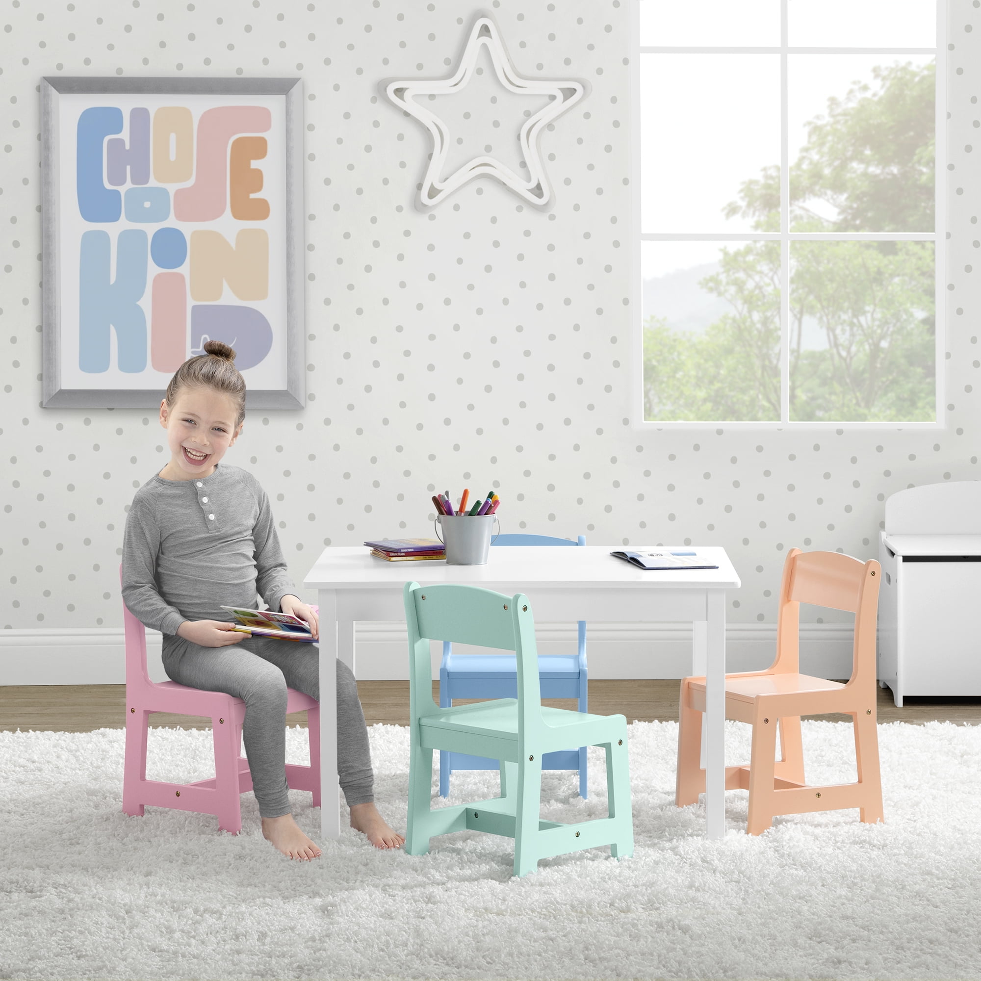 Delta Children MySize Kids Table with 4 Chairs - Greenguard Gold Certified, Bianca White/Pastel