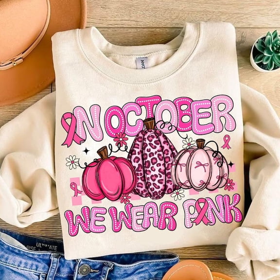 In October We Wear Pink Sweater, Pink Pumpkin Pullover, Breast Cancer Awareness Sweater, Fight for a Cure Pink Ribbon
