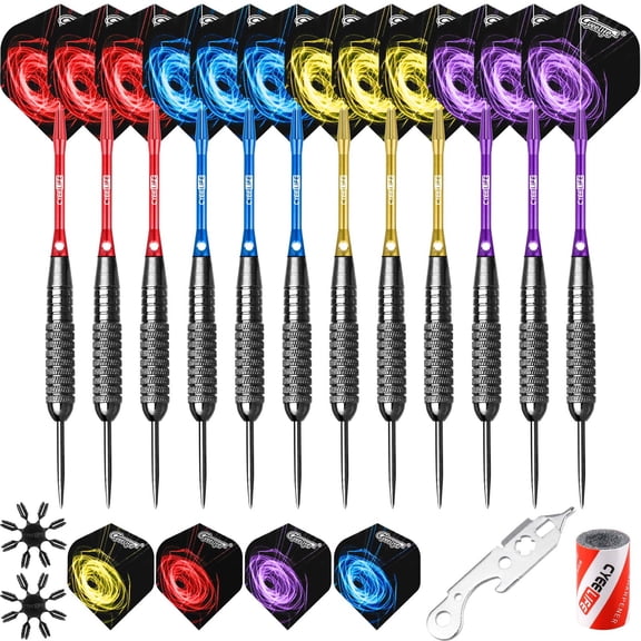 CyeeLife 22g Steel Tip Metal Darts Complete Set with Aluminum Shafts, Multi-Color PET Flights, Dart Sharpener, Multi-Function Dart Tool & Flight Protectors