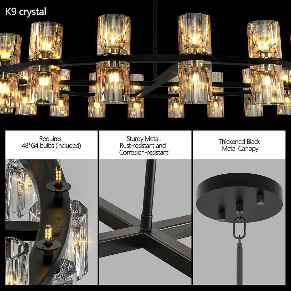 Spaco 48 Inches Luxury Chandeliers Crystal Includes Bulbs, Simple Decorative Lights, Modern LED Lighting for Indoor as Living Room, Dining Room, Black