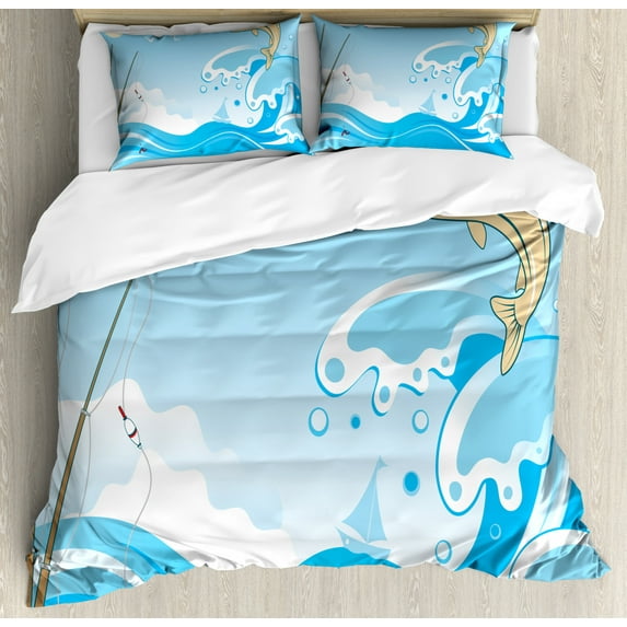 Fishing Theme Duvet Cover Set Queen Size, Fish Splash for Rods on Waves with Small Ship Seagulls Clouds and Sun Pattern, Decorative 3 Piece Bedding Set with 2 Pillow Shams, Multicolor, by Ambesonne