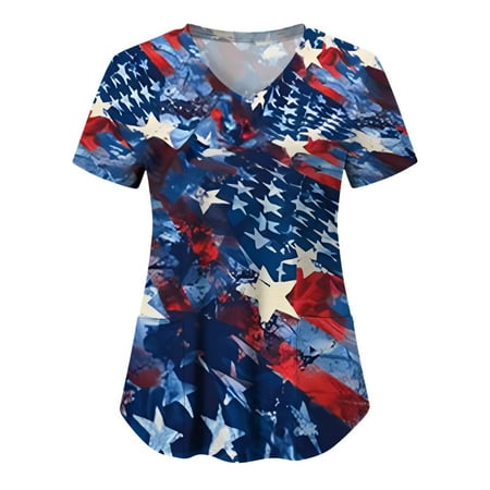 

Women Casual Independence Day Printed Short Sleeve Pocket Loose Top V-Neck Pocket Top Scrubs Top Uniform Nurses Clothing Workwear Ladies Clothing