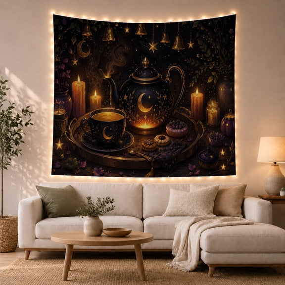 Celestial Tea Set with Golden Moons on Dark Tray, Moody Celestial for Witchy Decor Lovers, Enchanting Wall Art Decor, Halloween Gift Tapestry Wall Hanging for Bedroom and Living Room