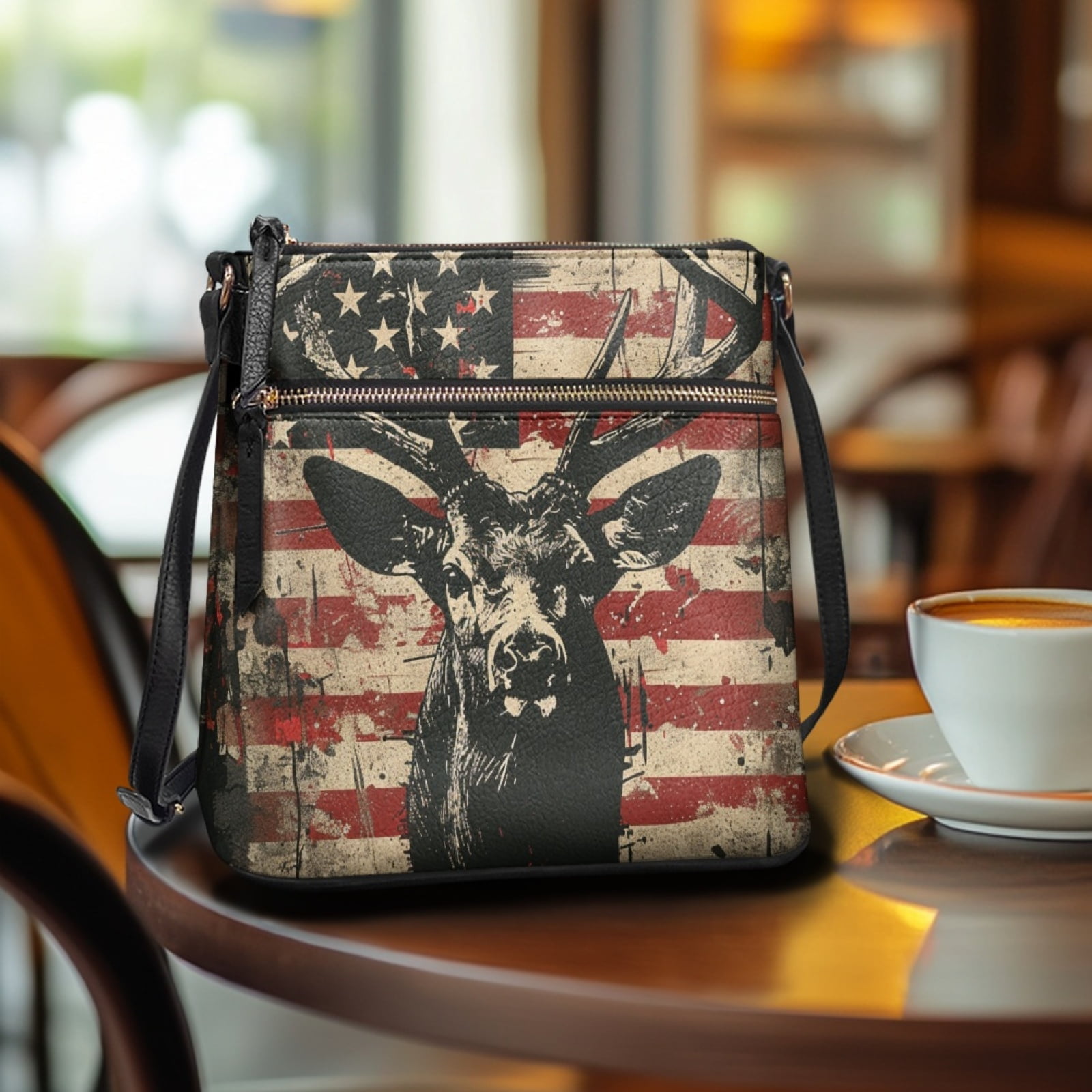 LedBack American Flag Deer Print Leather Satchel Bags for Women Medium Size Shoulder Handbag with Adjustable Strap, Crossbody Hobo Bag Multi Pocket Purse for Travel Work, Red