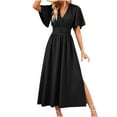 thumbnail image 3 of ZZwxWA Maxi Dresses for Women Trendy Elegant Short Sleeve V Neck Pleated Swing Flowy Dress Ruffle Tiered Smocked Long Dress Evening Dance Cocktail Party, 3 of 3