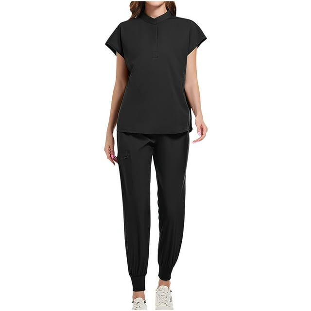 Cinvoph Ensemble de Blouses Médicales Deux Pièces pour Femmes Col Rond Manches Courtes et Pantalons joggers Jambes Droites Uniforme Infirmier avec Poches