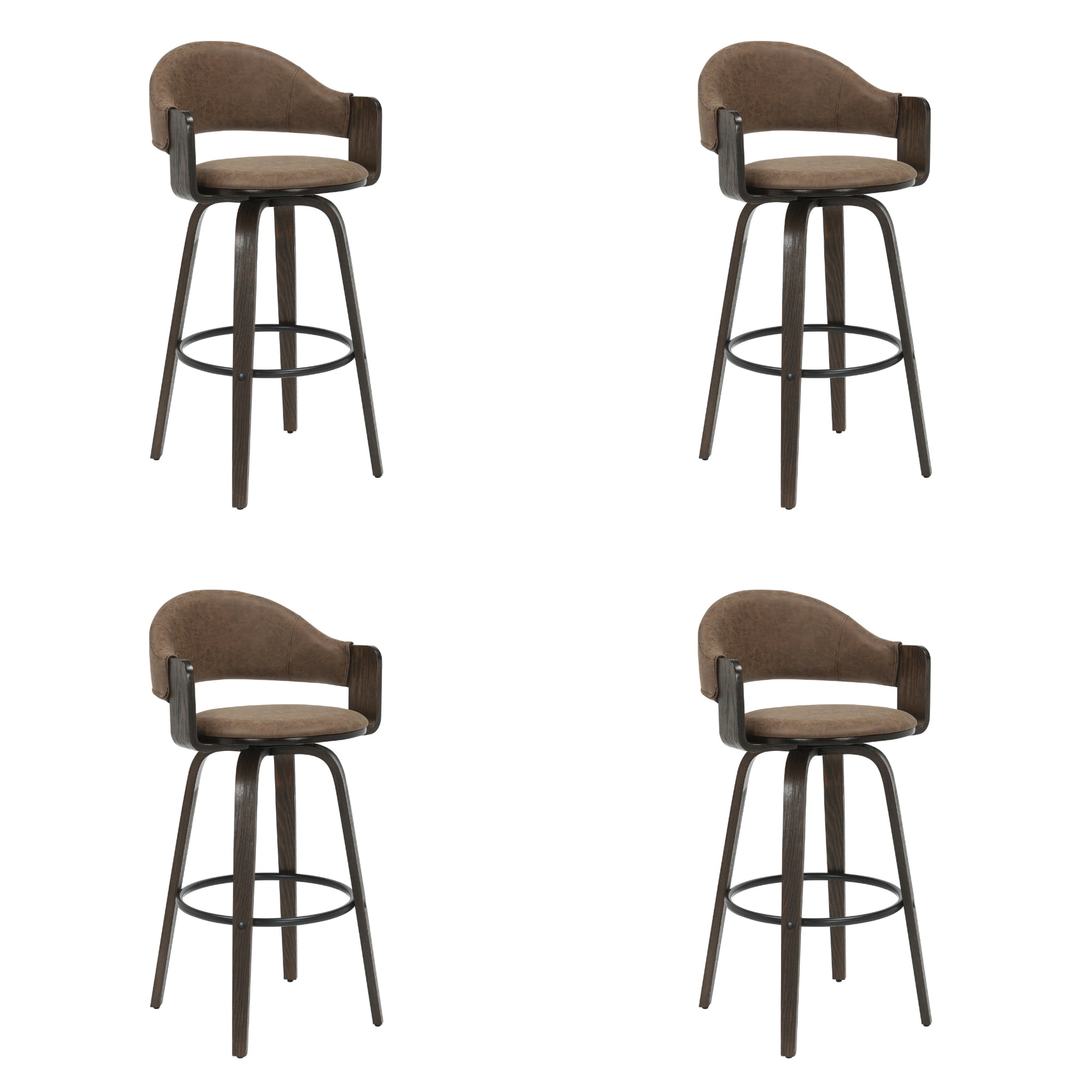 Daxton 40 in. H Swivel Bar Height Vintage Dark Brown Round Back Wood Bar Stool with Faux Leather Seat Set of 4