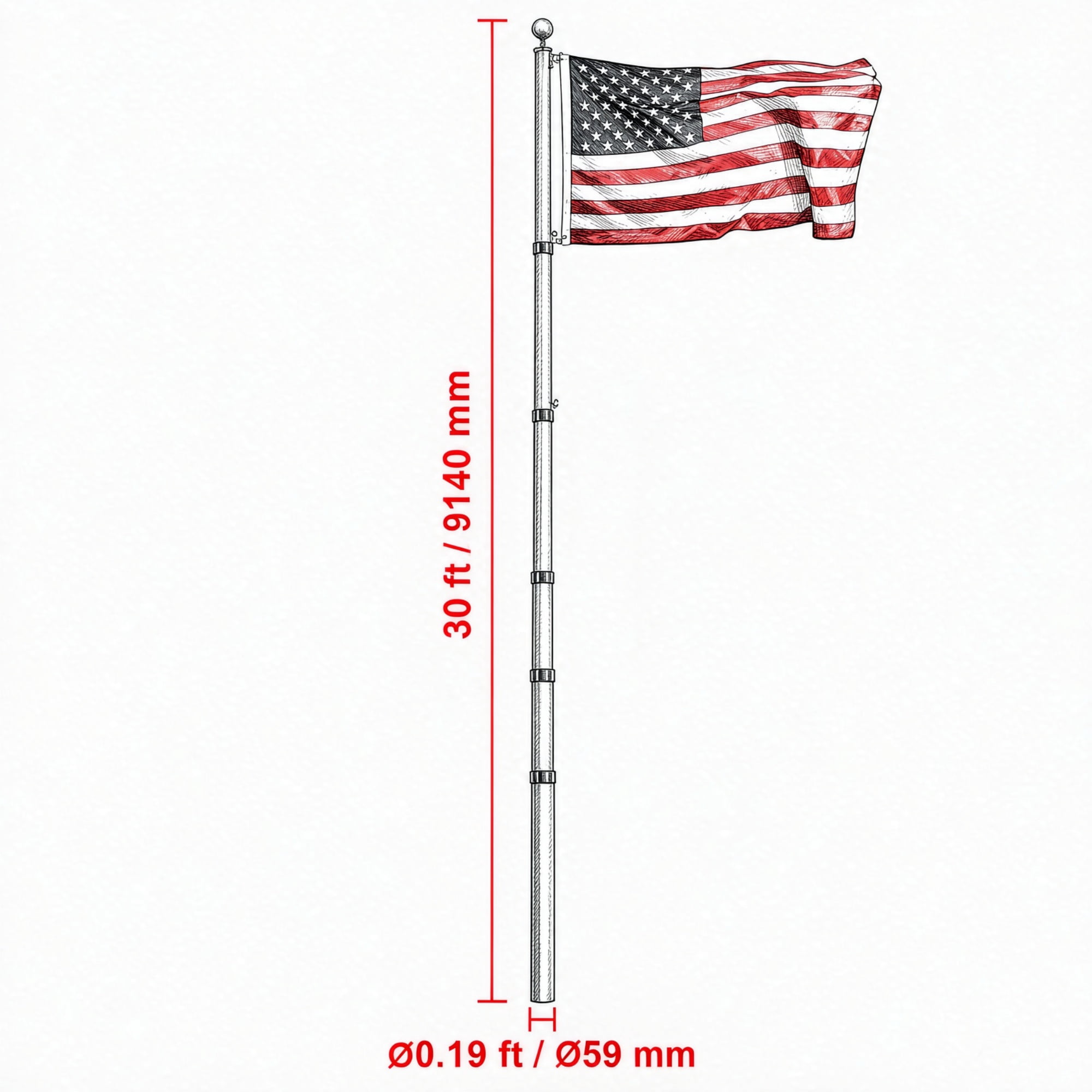 30FT Telescoping Flagpole Kit, Heavy Duty Aluminum In-Ground Flag Pole with 3 Display Modes, Includes 3x5 American Flag & Professional Accessories, Silver