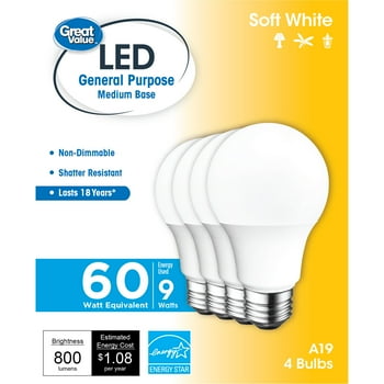 Great Value LED Light Bulb, 9W (60W Equivalent) A19 General Purpose Lamp E26 Medium Base, Non-dimmable, Soft White, 4-Pack