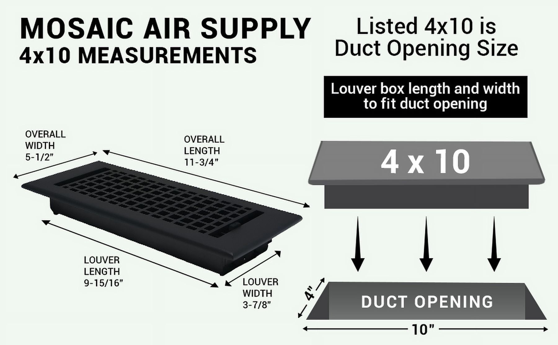 SET OF 5 Mosaic Air Supply Vent 4"x10" Duct Opening (Overall 5-1/2"x 11-3/4") Heavy Gauge Solid Cast Register || Powder Coated White with holes