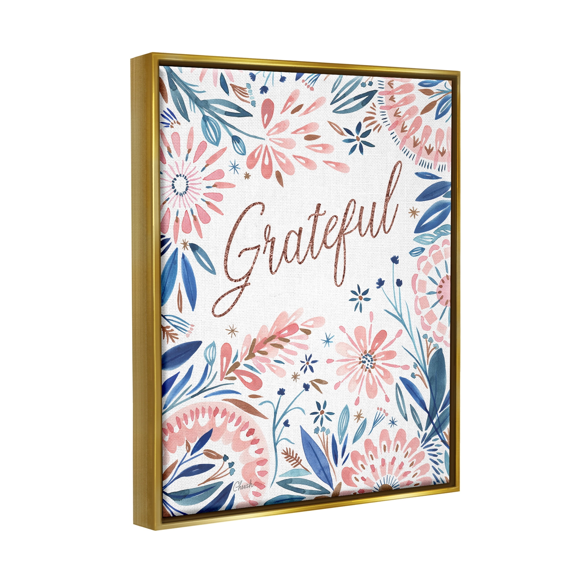 Stupell Grateful Pink Floral Blossoms Botanical & Floral Painting Gold Floater Framed Art Print Wall Art