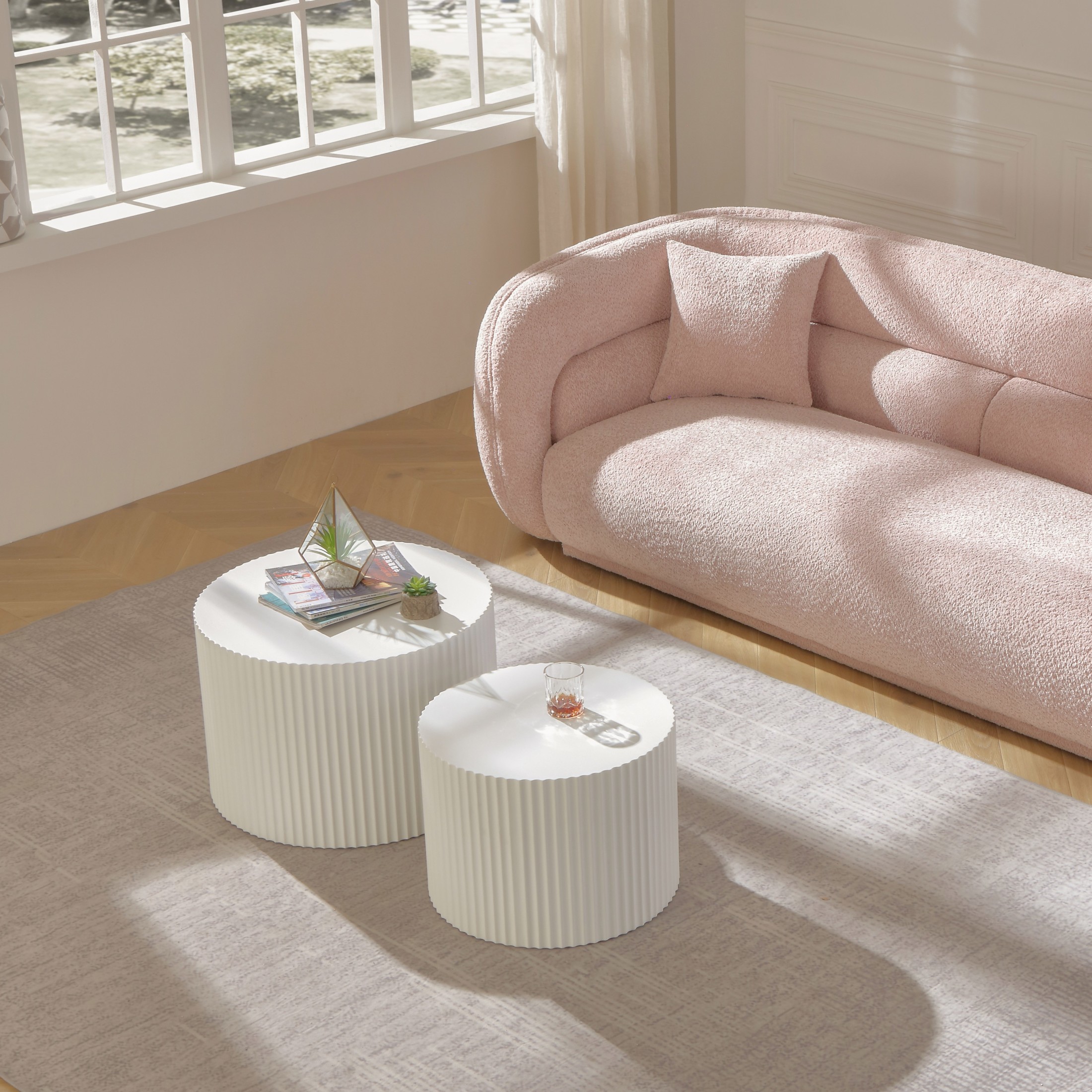Noble House Nesting Round Coffee Tables, Modern MDF Handcrafted Relief for Living Room, White, Set of 2