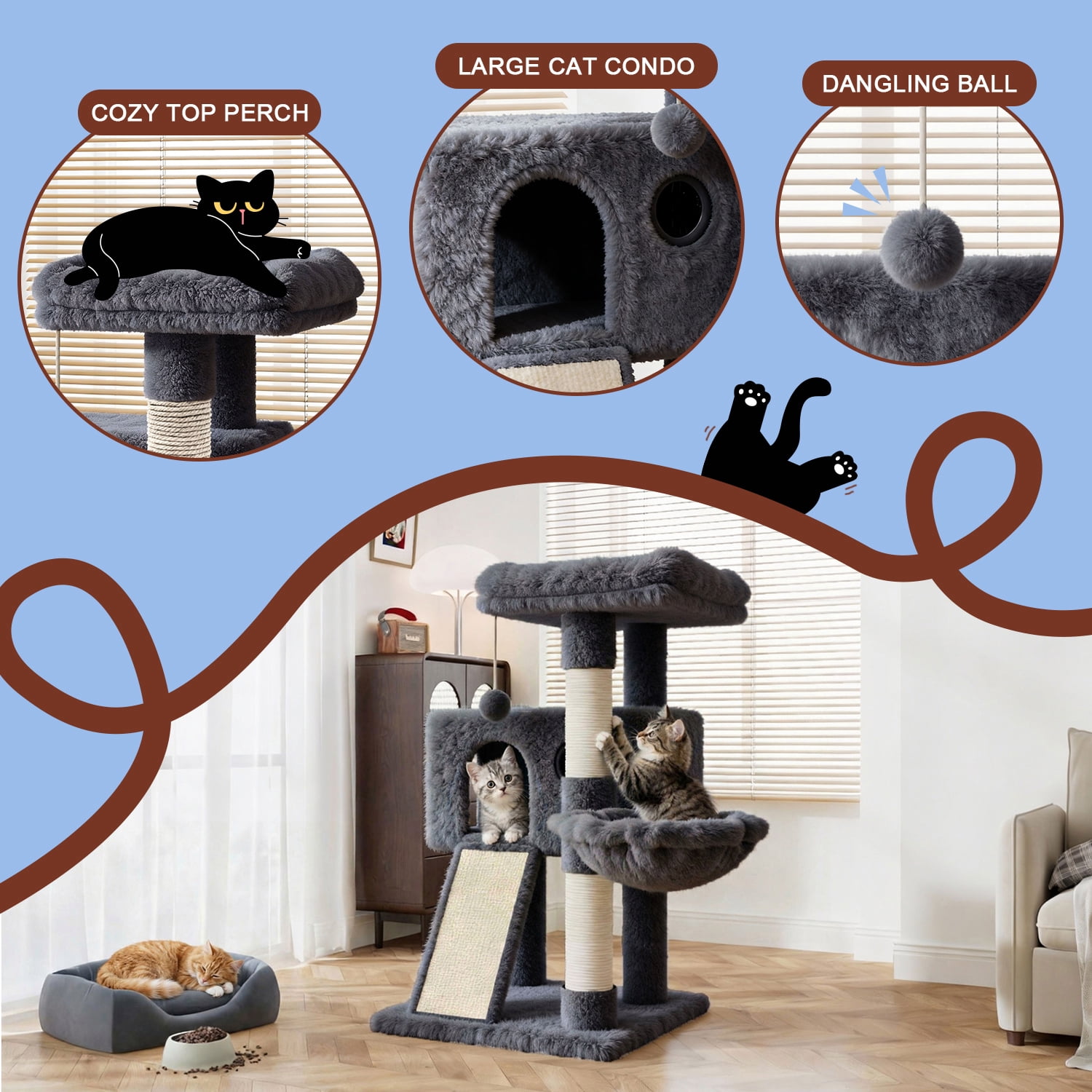 Amolife 36.6" Cat Tree Tower for Indoor Cats, Cat Condo with Plush Perch, Sisal Scratching Posts & Ramp, Cozy Cat Furniture, Blue