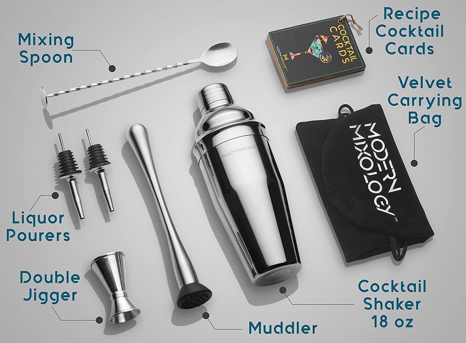  Mixology Bartender Kit - 8-Piece Silver Cocktail Shaker Set  with Pine Wood Stand, Recipe Cards, and Bar Accessories Ideas: Home &  Kitchen