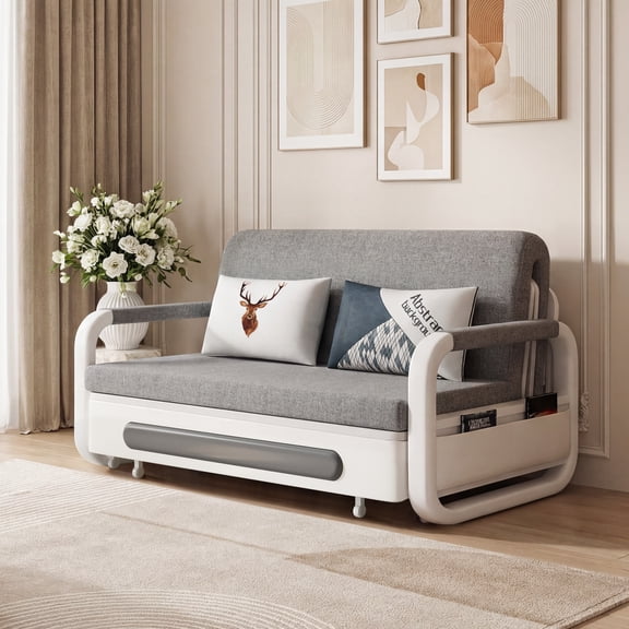 59.84" Pull-Out Sofa Daybed with Trundle – Versatile Futon Couch with Sleeper Function, Ideal for Small Spaces，Living Room，Apartment, Lounge, Gray and White Sofa Bed