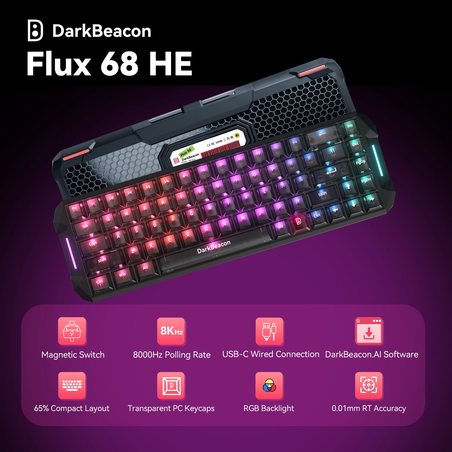 DarkBeacon Gaming Keyboard, 68 Keys Mechanical Keyboard with Hall Effect Magnetic Switch, RGB Backlit, 65 percent Wired Keyboard for PC Gamer