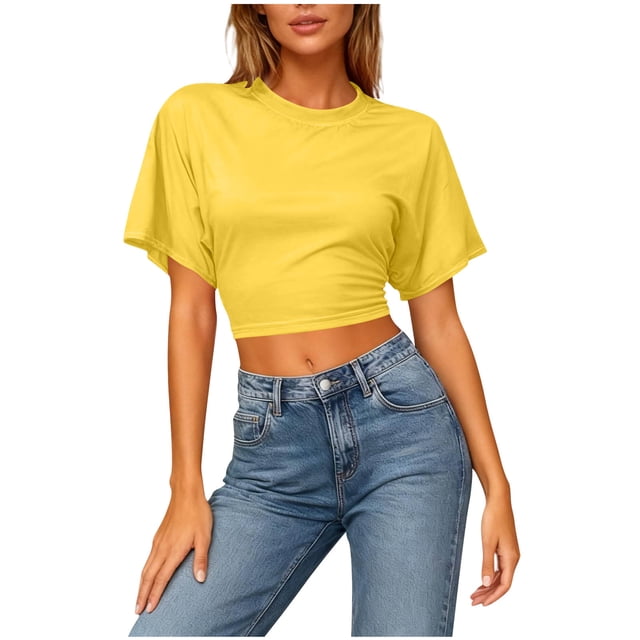 Moxiu T-Shirts Courts Y2K à Col Rond Oversize pour Femmes, Manches Chauve-Souris Courtes, Décontractés, Amples, d'Été, Jaunes, m