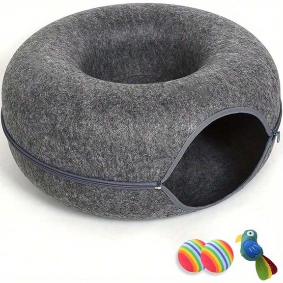 Cat Cave For Indoor Cats, Extra Large Cat Donut Cat Tunnel Bed, Peekaboo Cat Cave With 3 Toys