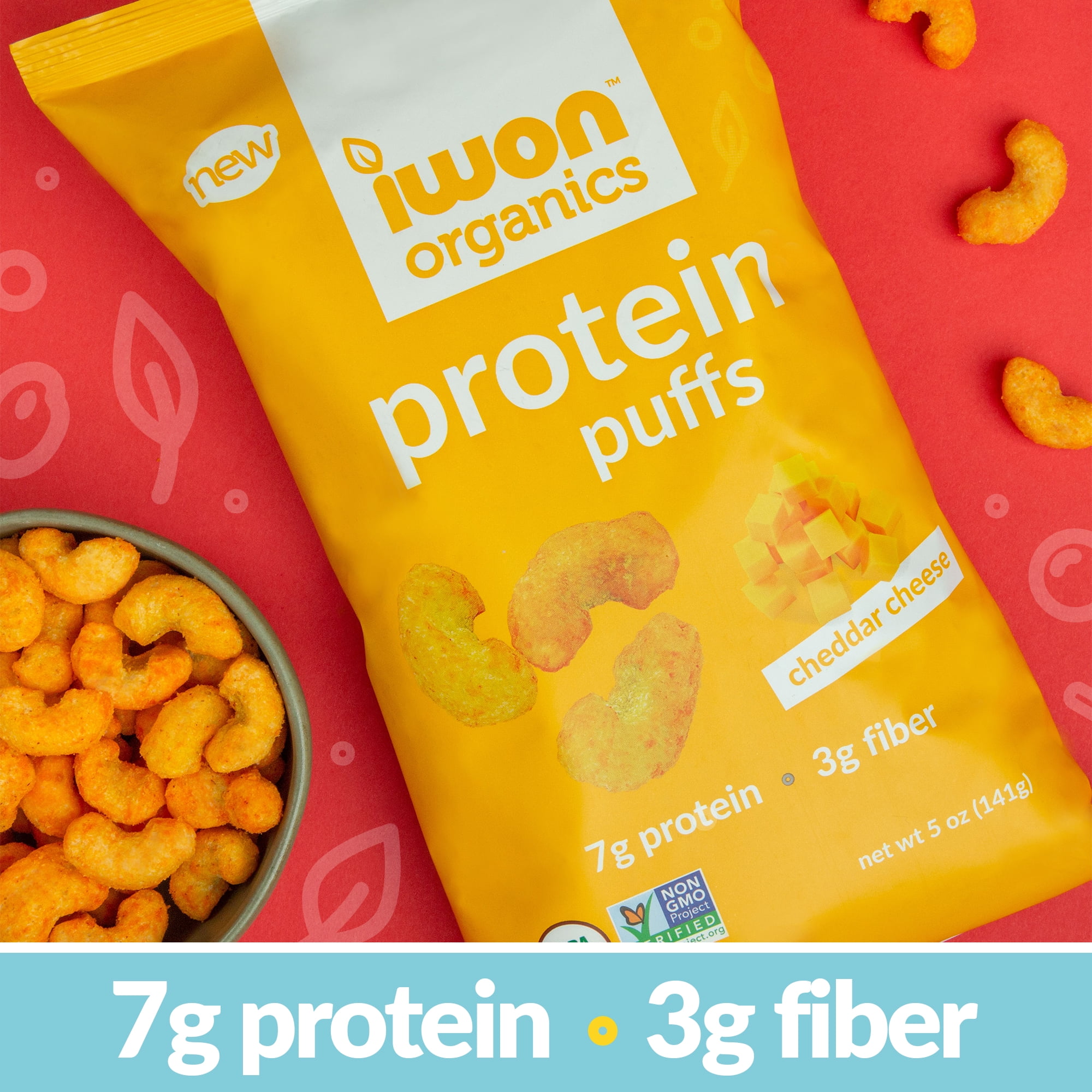 Iwon Organics: Protein Puffs Cheddar Cheese, Plastic Bag, 5 oz (142g), Gluten Free, Non-GMO