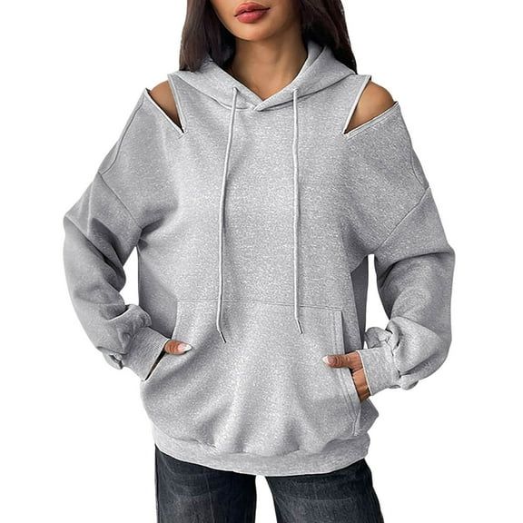 MELDVDIB Womens Hoodies Off the Shoulder Fall Winter Solid Color Long Sleeve Oversized Hooded Sweatshirts Fashion Casual Stretch Comfy Pullover Tops with Pocket Gray M
