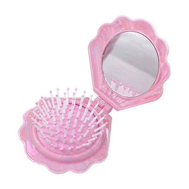 Mini cepillo para el cabello, ideal para viajes en verano. Incluye espejo. Plegable y portátil. Peine de masaje capilar. Peine pequeño. Herramientas de estilismo para niñas y mujeres. Mini cepillo mor