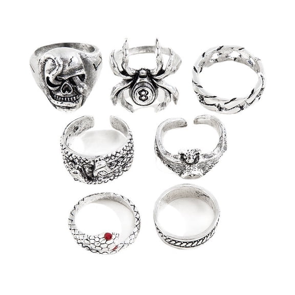 Womens Vintage Rings Set Fashion Alloy Rings Minimalist Rings with Spider Snake Bat Skull Double-Headed Snake Geometric Design 7 Piece