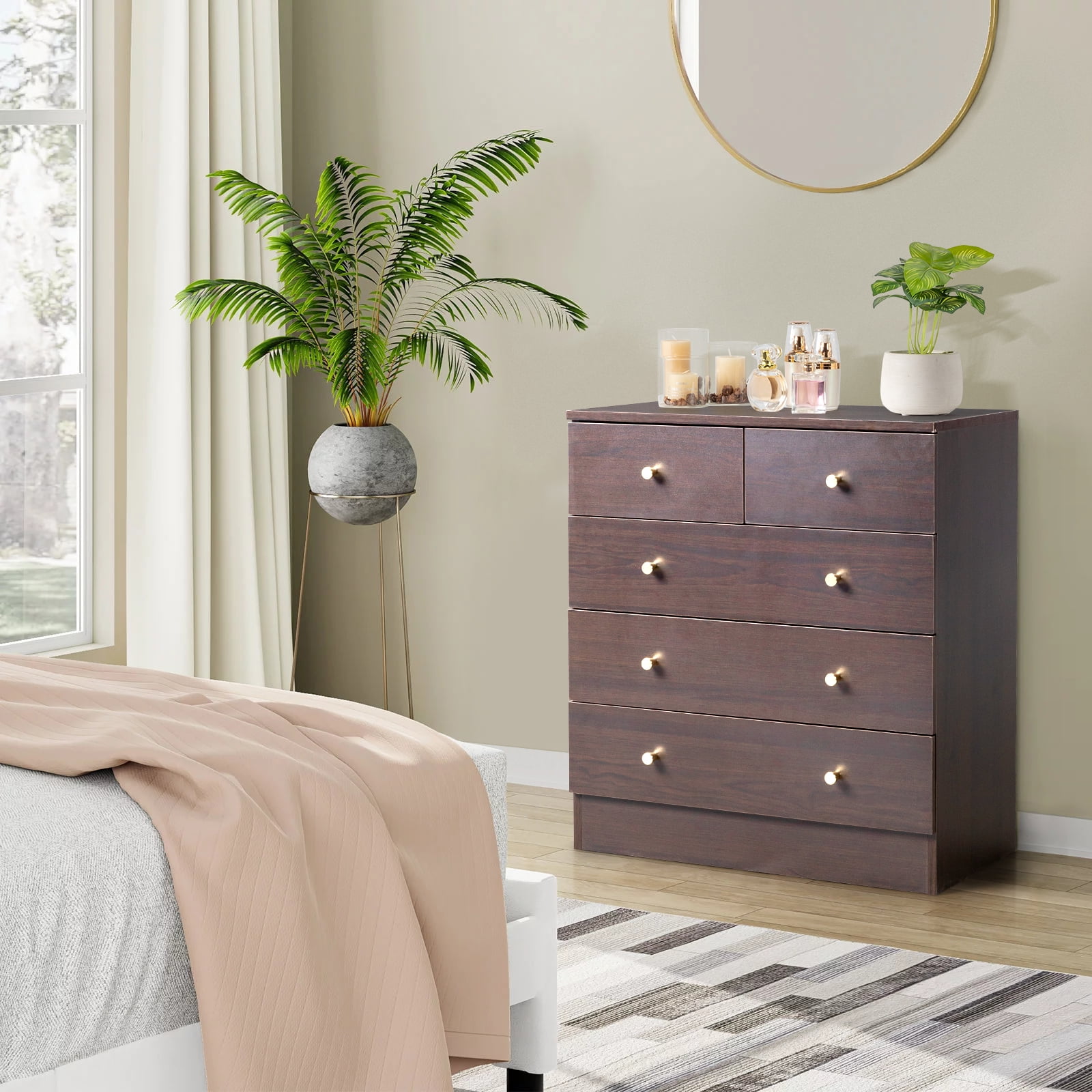 UBesGoo 5 Drawer Wood Dresser for Bedroom, Chest of Drawers, Storage Organization Unit for Clothing, Brown