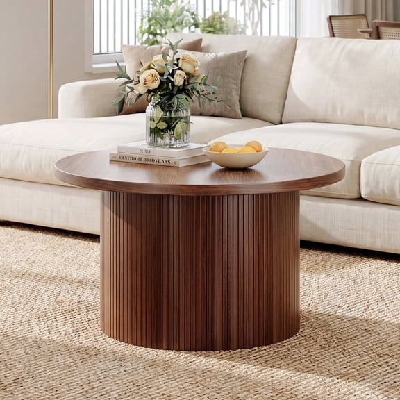 ROGALIS 31.5" Round Coffee Table, Tambour Design Coffee Table with Spacious Tabletop, Mid Century Modern Wood Coffee Table for Living Room,Walnut
