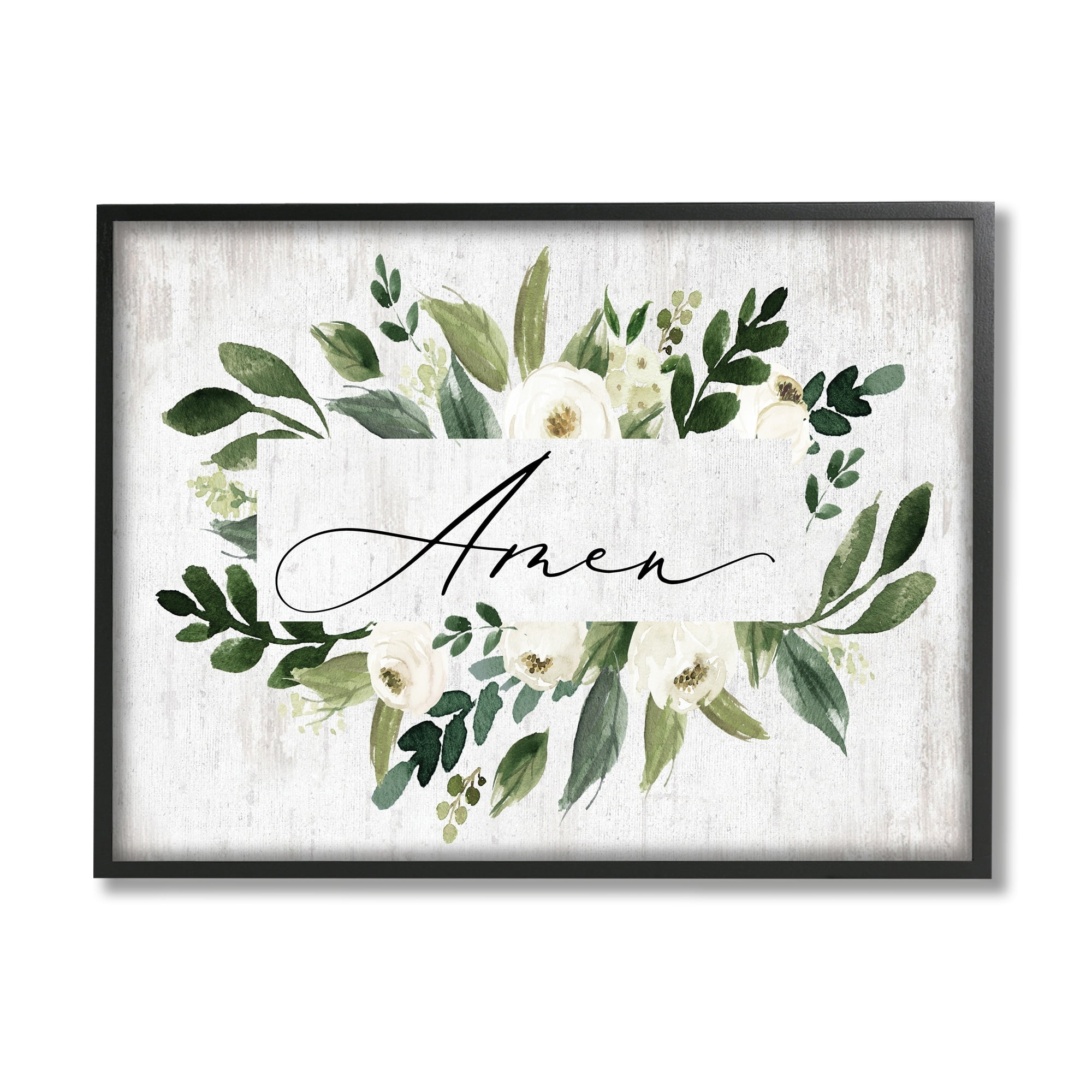 Stupell Industries Amen Text Green Botanical Foliage White Florals Distressed, 20 x 16,Design by Lettered and Lined