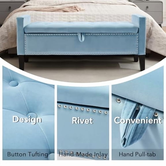 Velvet Storage Ottoman Bench, 45'' Upholstered Button Tufted End of Bed Bench, Modern Entryway Ottoman Bench with Arms, Light Blue