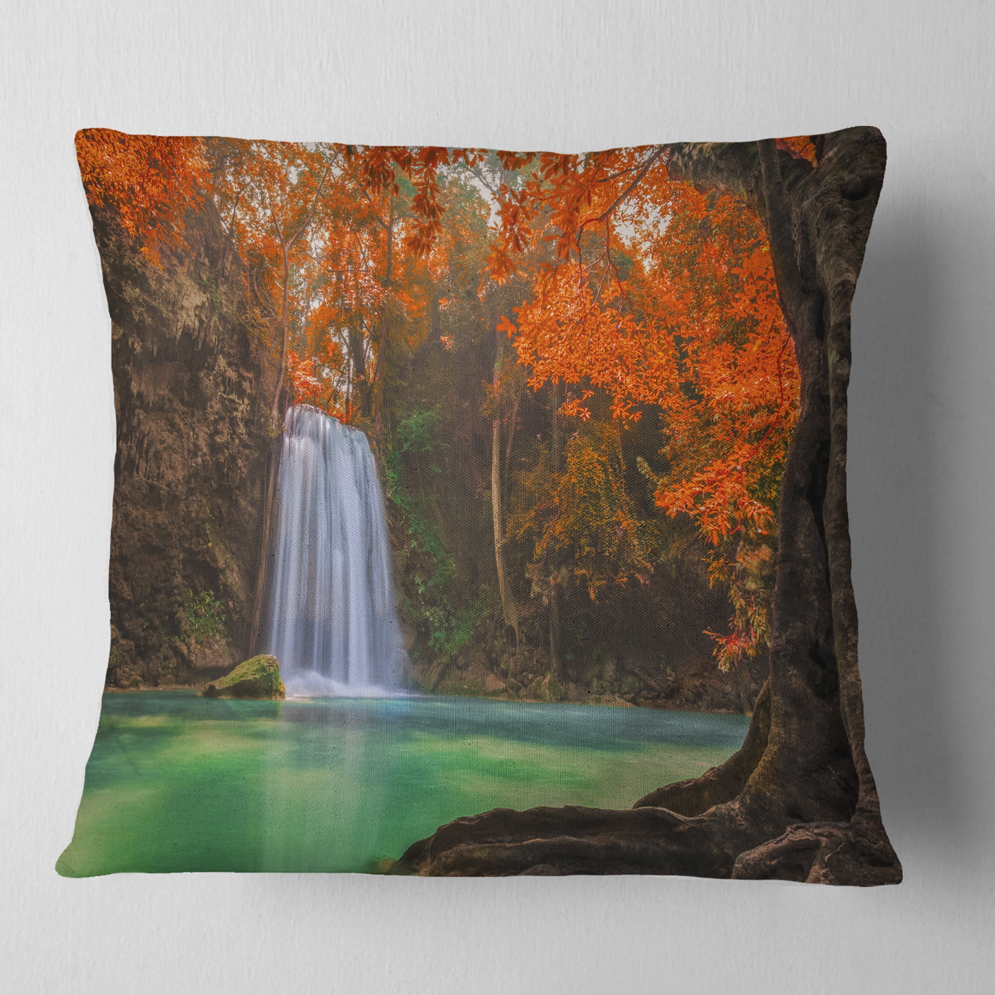 Designart Erawan Waterfall - Photography Throw Pillow - 18x18