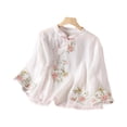 thumbnail image 2 of Womens Shirts Cotton Linen 3/4 Sleeve Embroidered Chinese Traditional Mandarin Collar Button Blouse Summer Trendy Tops White XL, 2 of 4