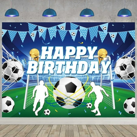 Blue Soccer Theme Happy Birthday Cool Backdrop Sports Themed Photography Background for Kids Boys Teens Fans Soccer Birthday Party Decorations Banner Supplies